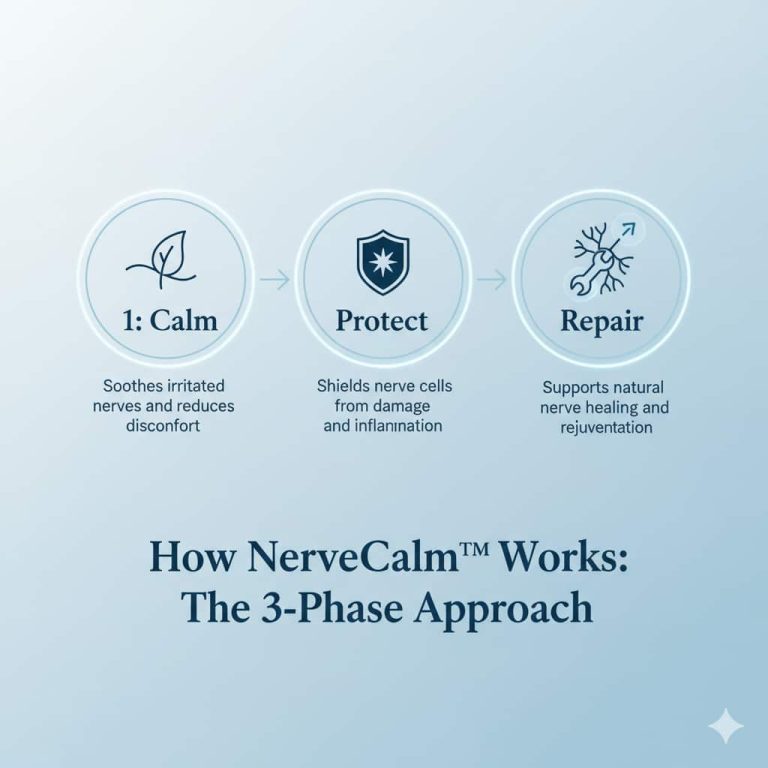 nervecalm-3-phase-nerve-repair-process Infographic titled 'How NerveCalm™ Works: The 3-Phase Approach.' It details three stages: 1. Calm, which soothes irritated nerves; 2. Protect, which shields nerve cells from damage and inflammation; and 3. Repair, which supports natural nerve healing and rejuvenation